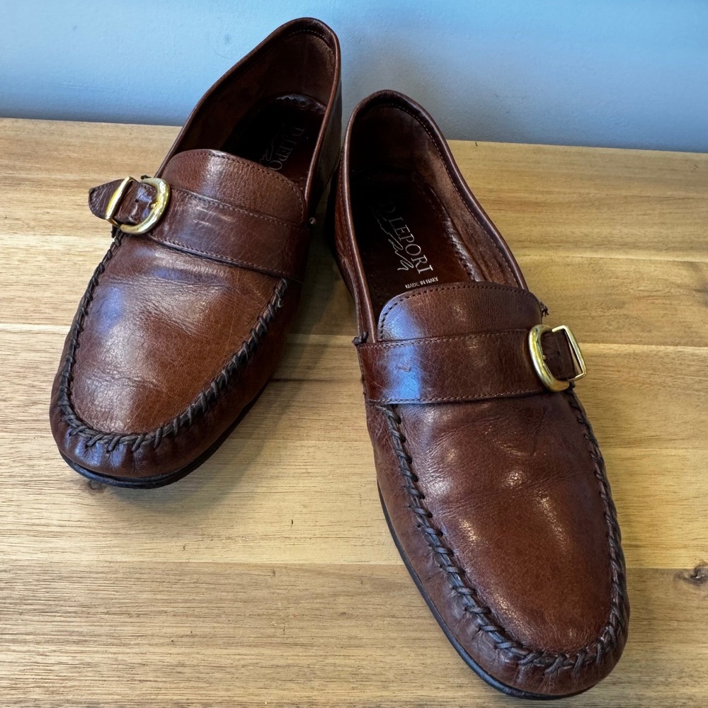 D. Lepori Men 10 EU 43 Brown Leather Loafers Italy Buckle Whipstitch Preppy